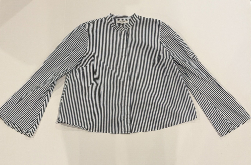 Madewell S White Blue Striped Bell Sleeve Button Down Shirt Mandarin Collar